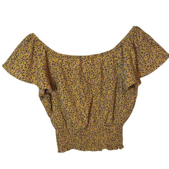 Monteau Flutter Sleeve Pullover Crop Top Yellow Floral Style #28874 Women Small - Picture 10 of 10